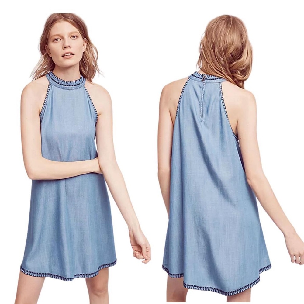 Chelsea & Violet Blue Ombre Chambray High Neck Tencel Lyocell Dress Size XS